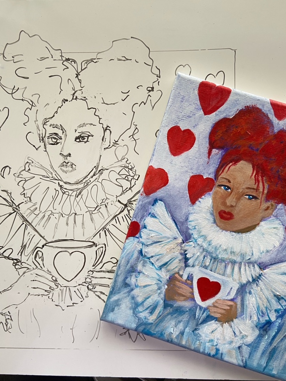 Queen of Hearts Portrait Original Acrylic Painting on 9" x 12" Canvas - Picture 5 of 11